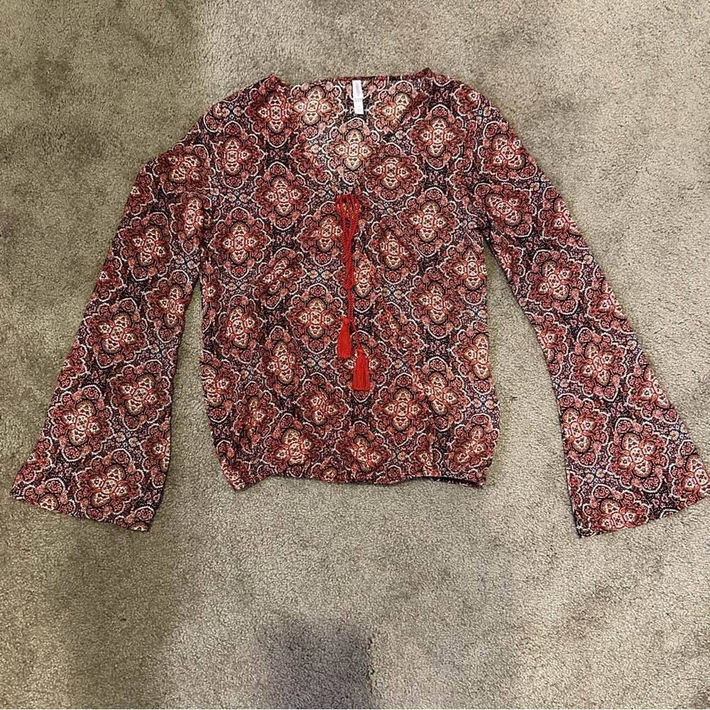 Xhilaration Bell Sleeve Boho Tassel Wrap Top